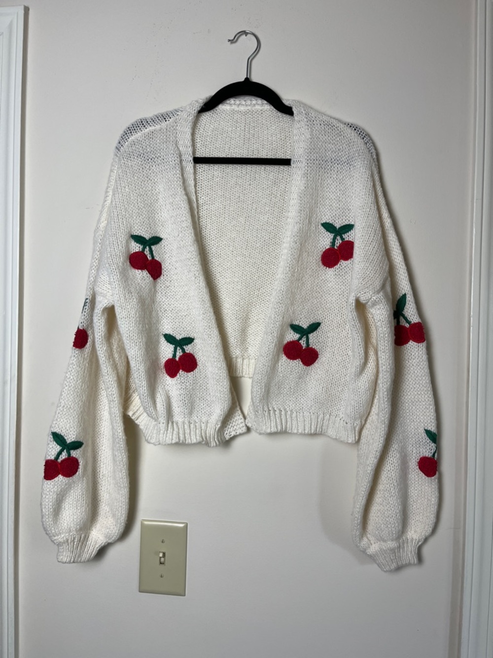 Amazon White Open-Front Cardigan with Red Cherry Embroidery